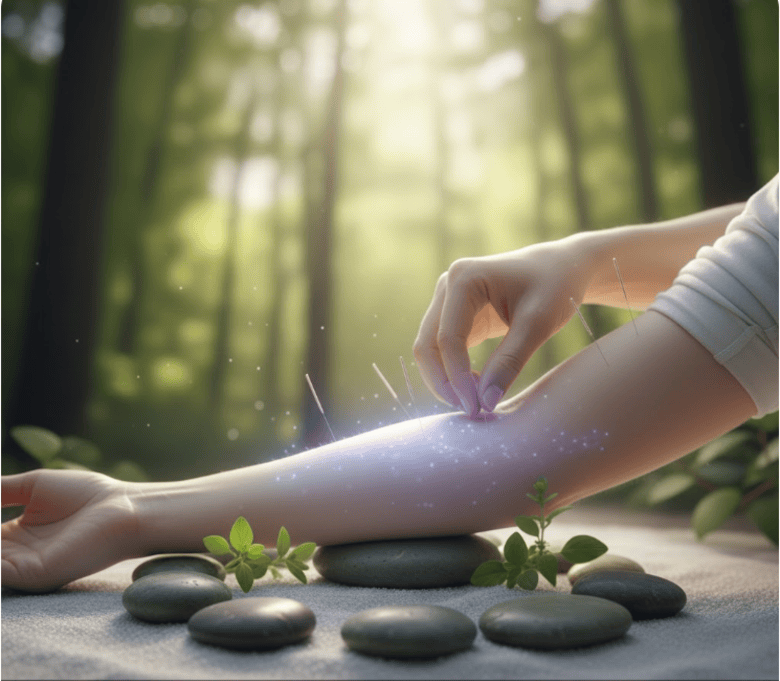 Acupuncture treatment on the forearm in a serene natural environment, illustrating a holistic approach to calming the immune system.
