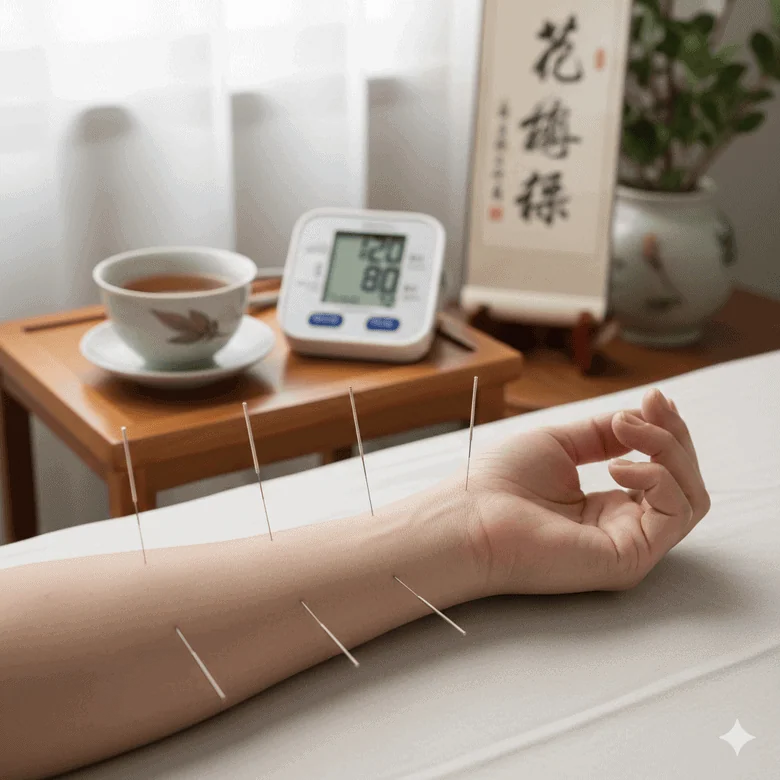 Acupuncture needles inserted along the forearm during a treatment session, with a blood pressure monitor and tea visible in a calm clinical setting.