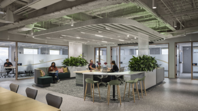 Biophilic office interior featuring open collaboration space, indoor greenery, and modern sustainable architectural design